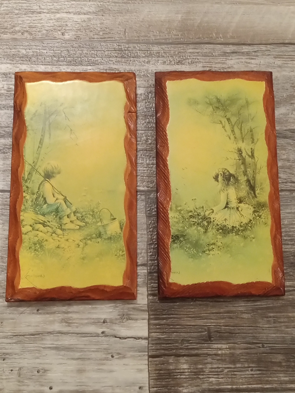 Vtg Andres Orpinas Pair Framed Pastoral Prints in Yellow and Brown